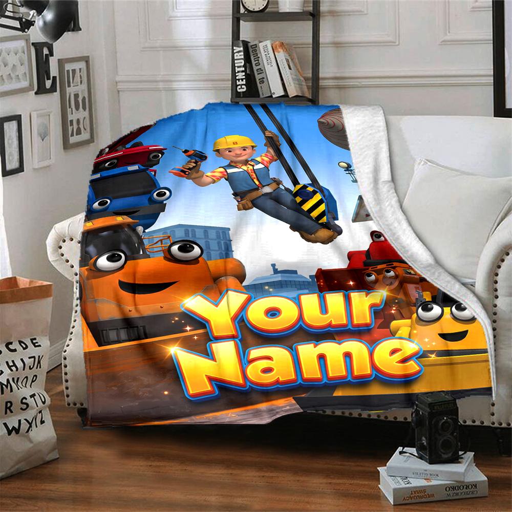 1pc Bob the Build Blanket with Custom Name, Gift, for Men and Women, Soft Blanket, Good for Sofa Bed Couch Travel, Lightweight Flannel Blanket