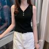 Women's Ribbed Knit Tank Top Sleeveless V Neck Scalloped Trim Button Decor Slim Fit Crop Top
