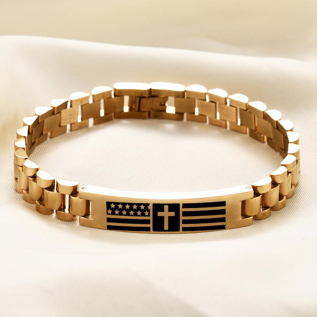 10MM Engraved Cross Bracelet, Men's Stainless Steel Scripture Curved Plate Bracelet
