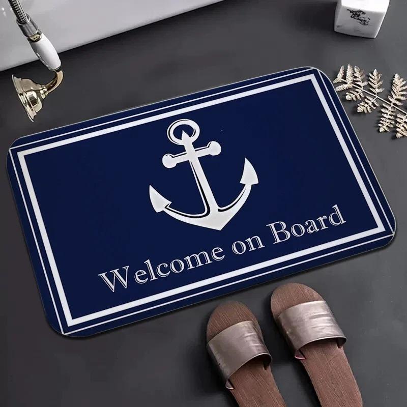 

Nautical Anchor Welcome on Board Doormat Anchor Print Non-Slip Entryway Rug Coastal Boat Themed Floor Mat for Front Door 40x60cm