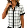 Women's Short Sleeve Button Down Shirt Polka Dot and Stripe Patterned Contrast Placket Casual Blouse Lightweight Breathable Fabric