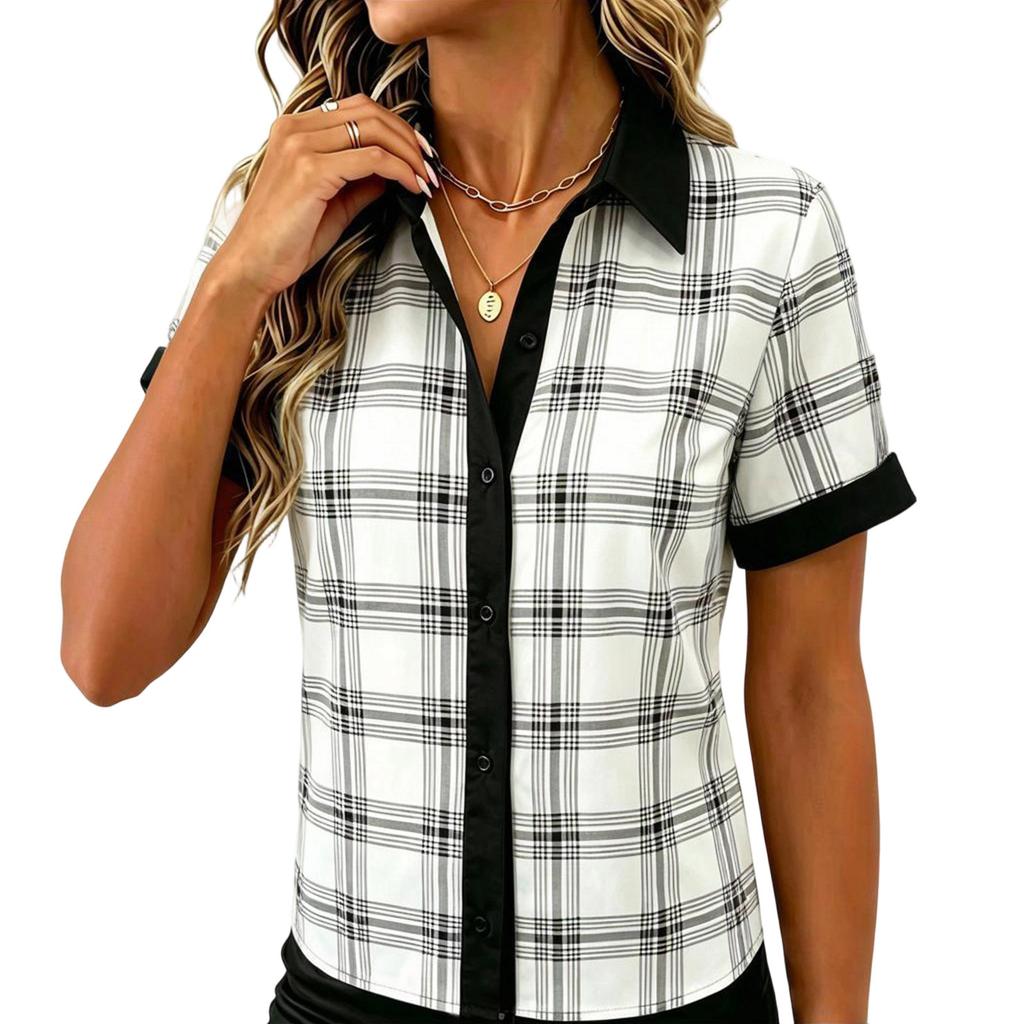 Women's Short Sleeve Button Down Shirt Polka Dot and Stripe Patterned Contrast Placket Casual Blouse Lightweight Breathable Fabric