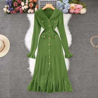 Herbst Winter Frauen Elegante V-ausschnitt Flare Ärmel Strick Pullover Lange Midi Kleider
