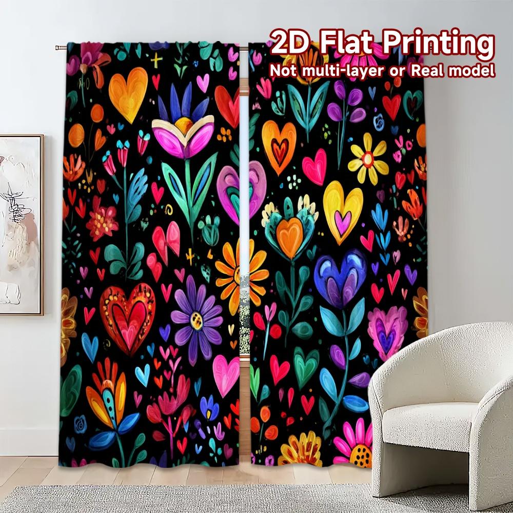 2pcs, 2D FLAT PRINTING Curtains (Without Rod) Vibrant Blossoms Popular Light Filtering Curtains Machine Washable Fabric Curtains