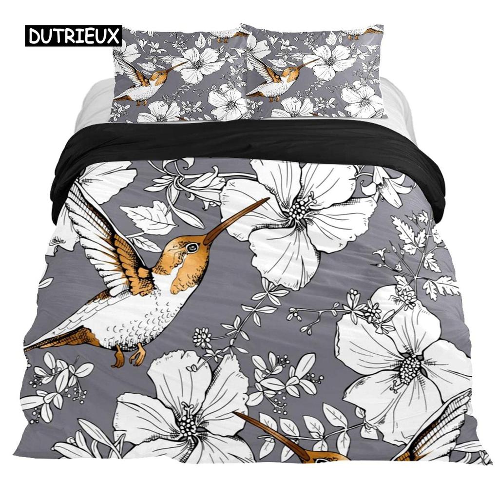 Hummingbirds Bedspread Cover Kit Tropical Flowers Nature Blooms Bed Cover Kit Tropical Birds Theme Queen Dimension Size 2/3 Pcs Comforter Cover