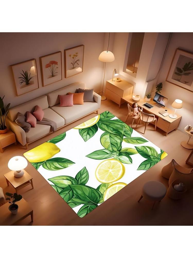 Simple Modern Watercolor Print Lemon Tree Rug, Indoor Comfortable Soft Breathable Rug, Pet Friendly Non-Slip for Kitchen Porch