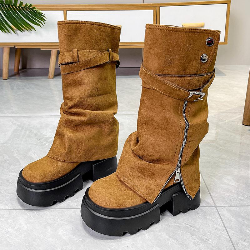 Fashion Women Fashion Boots European Microfiber Suede Leather Round Toe Maillard Western Cowboy Thick Soled Boots Motorcycle Short Boots