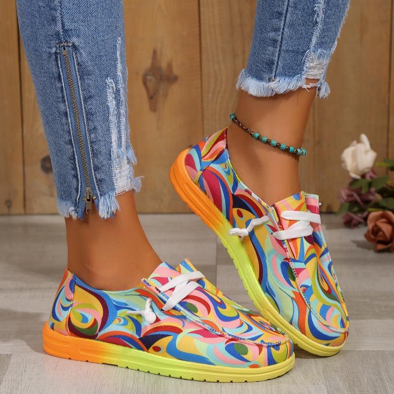 2025 New Plus Size Lace-up Colorful Low Top Shoes Women's Graffiti Lazy Canvas Flat Shoes