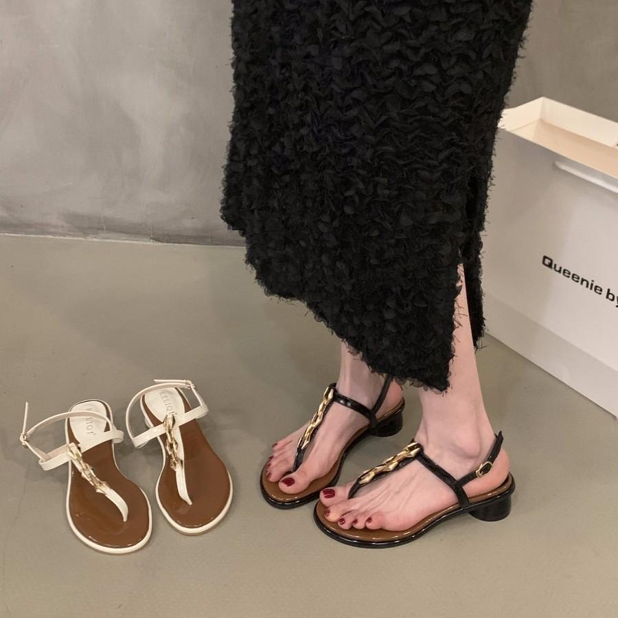 Niche thick heel French toe sandals fairy shoes 2025 new summer black temperament with skirt Roman shoes