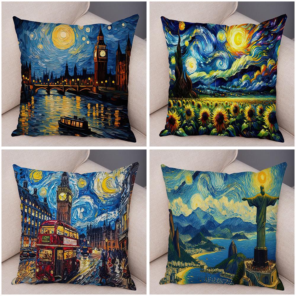 New York Paris London Rome Cushion Cover Decor Starry Sky Art Double Print Pillow Case Soft Plush Pillowcase for Sofa Home Car
