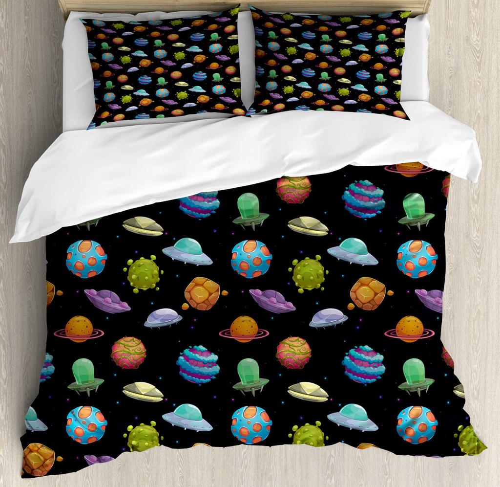 UFO Duvet Cover Set for Kids Boys Girls Teens Queen Lightweight Quilt Cover Outer Space Theme Bedding Set Bedroom Decor No Quilt