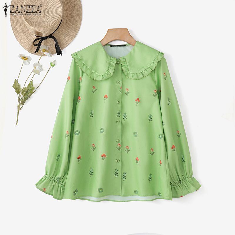 ZANZEA Damen Lässig Puppenkragen Locker Langarm Geblümte Bluse