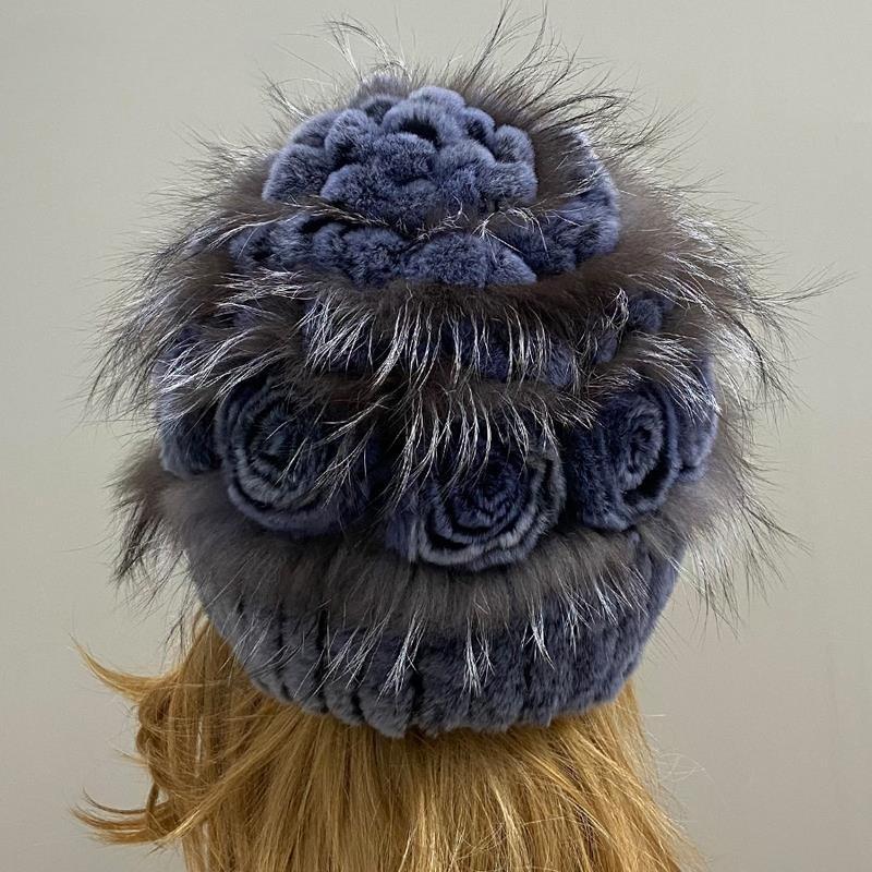Gestrickte Hut Frauen Natürliche Pelz Rex Kaninchen Floral Kappe Echten Pelz Flauschigen Stilvolle Weibliche Hauben