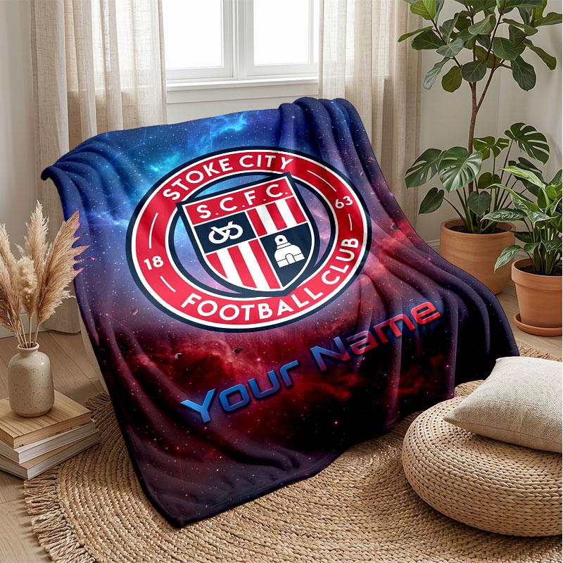 Stoke City FC Custom Name Text Flannel Blanket Soccer Logo Personalized Fleece Throw Blanket Special Gift For Sofa Bedroom Home