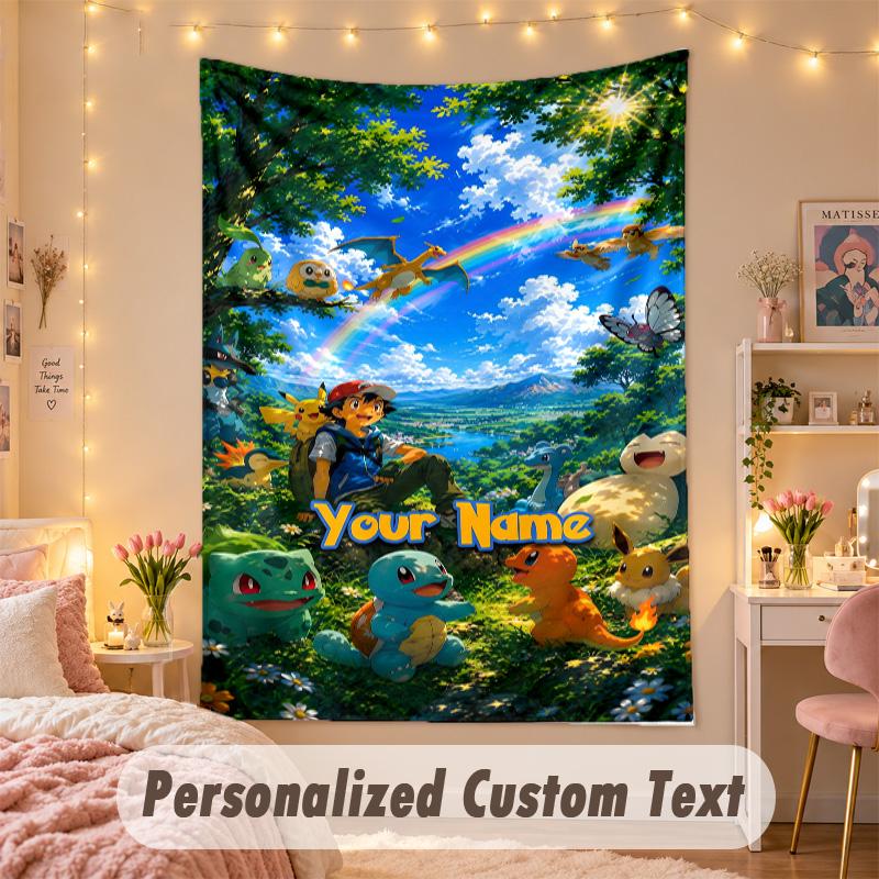 Custom Personalized Tapestry,Pokémon Print Custom Name Text Wall Art Hanging for Bedroom