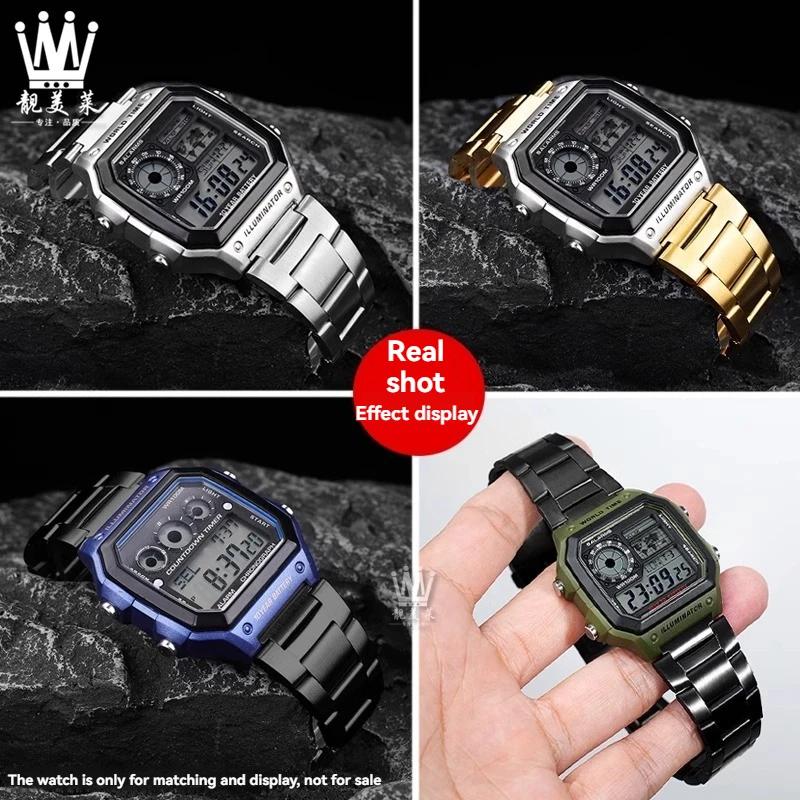 For Casio 3299 AE1200/1300/1500 AE-1200 AE-1200wh AE-1300 Solid Stainless Steel Strap 18mm Fine Steel Metal Case Wristband