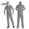 Halloween Cosplay Apparel Prisoner Costume for Adult, Women Striped Mini Dress, Men Top with Cuffs Pants, Dress-Up Jail Inmate Uniform Hat &