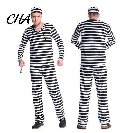 Halloween Cosplay Apparel Prisoner Costume for Adult, Women Striped Mini Dress, Men Top with Cuffs Pants, Dress-Up Jail Inmate Uniform Hat &