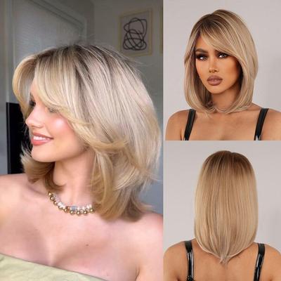 Středně dlouhé vrstvené vlasové paruky Blond Zlatá Ombre Syntetická paruka s třásněmi pro ženy Cosplay Barevné Paruky Tepelně odolné vlasy