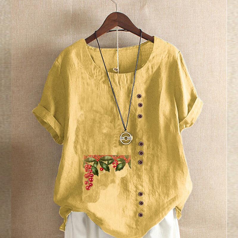 Women's Fashion Chinese Hawthorn Prined Round Neck Short Sleeve T-shirt Casual Cotton Linen Graphic Shirt Leisure Loose Summer Blouse Tops
