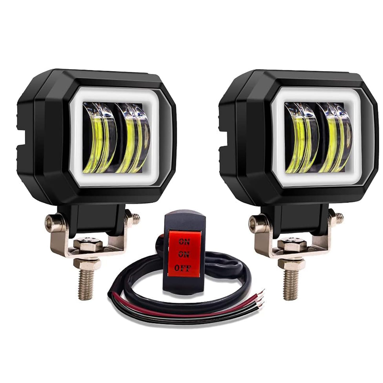 Aoling LED Fog Light for Motorcycles, Work Light with Square Yellow Ring, High Brightness LED, Waterproof Design, Can be Used as a Work Light, Sturdy