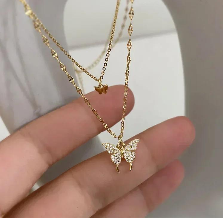 New Fashion Silver Color Double Layer Star Moon Necklace for Women Charm Delicate Zircon Stainless Steel Choker Chain Jewelry