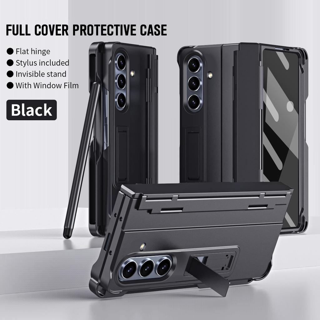 Full-Coverage Phone Case with Built-in Stand for Samsung Z Fold 7 6 5 4 with S Pen Tempered Glass Shield Hinge Protection Cover