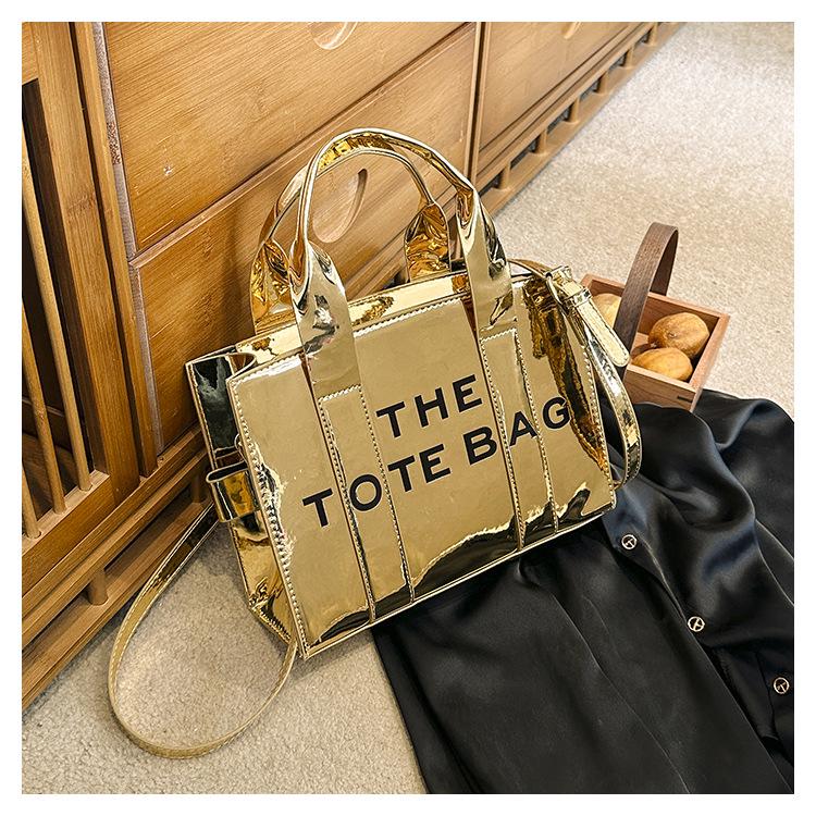 2023 Shiny Patent Leather Lettering Tote Bag for Women - Single Shoulder and Crossbody