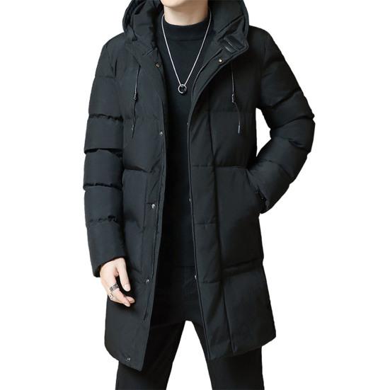 Men Winter Cotton Coat Thicken Padded Hooded Windproof Lightweight Cold Resistant Zipper Closure Long Sleeve Pockets Drawstring Mid Length Coat