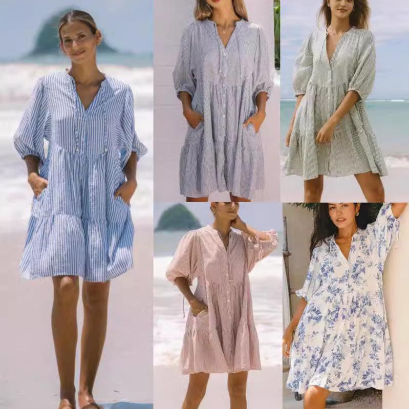 

V-Neck Bohemian Lantern Sleeve Short Dress XXL