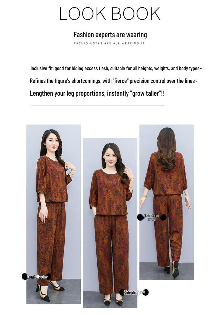 Retro Printed Wide-Leg Pants & Mid-Sleeve Round Neck Top - Elegant Two-Piece Set for Mothers