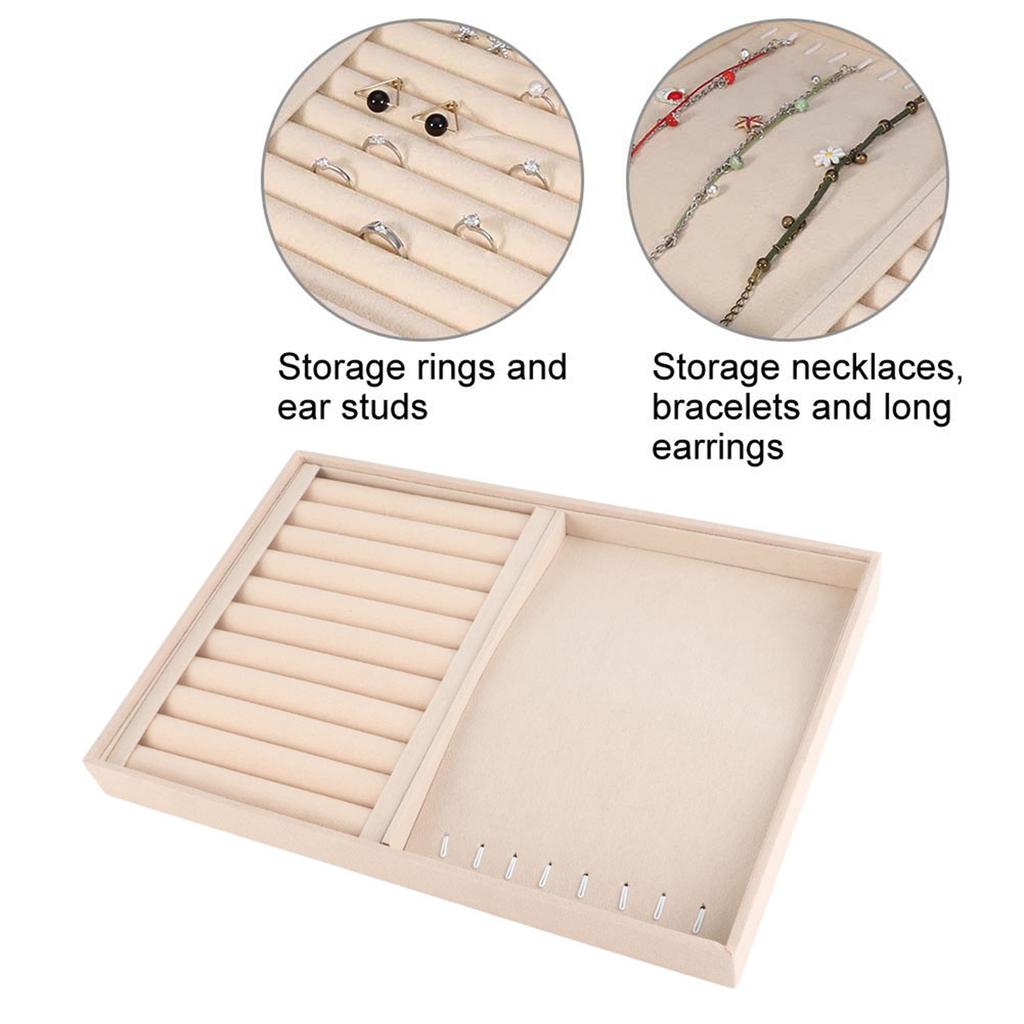 Jewelry Display Tray Bracelet Ring Earring Necklace Holder Storage Plate Case (Beige Flannel)