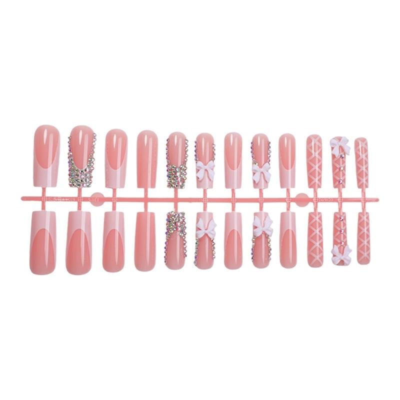 24 Pezzi Eleganti Unghie Finte Lunghe Quadrate con Carini Fiocchi 3D e Design con Strass Facile Applicazione Unghie a Pressione per Donne