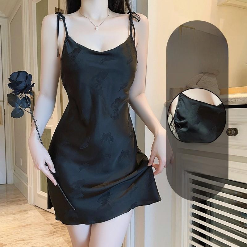 Satin Butterfly Print Sleepwear Set With V Neck And Chest Padded For Women