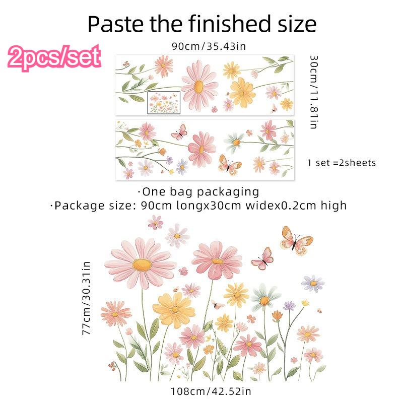 2pcs Colorful Floral Wall Decal Vinyl Stickers Flowers Butterflies Self-Adhesive Decor Living Room Bedroom Home Wall Decorations