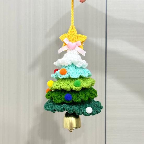 Handmade Knitted Christmas Tree Ornament with Multi-Layered Crochet Design Golden Bells Star Top Pom Pom Decor Holiday Decor