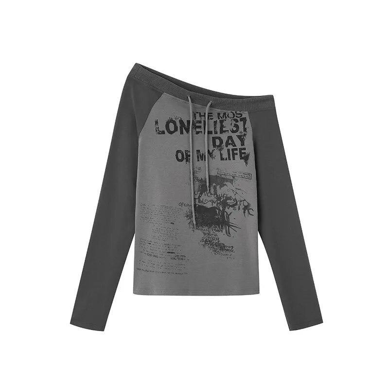 2KWEIRD Japonské Y2k Tričko s odhalenými rameny Grungeová estetika Graffiti potisk Tričko s dlouhým rukávem Vintage Harajuku Streetwear 90s