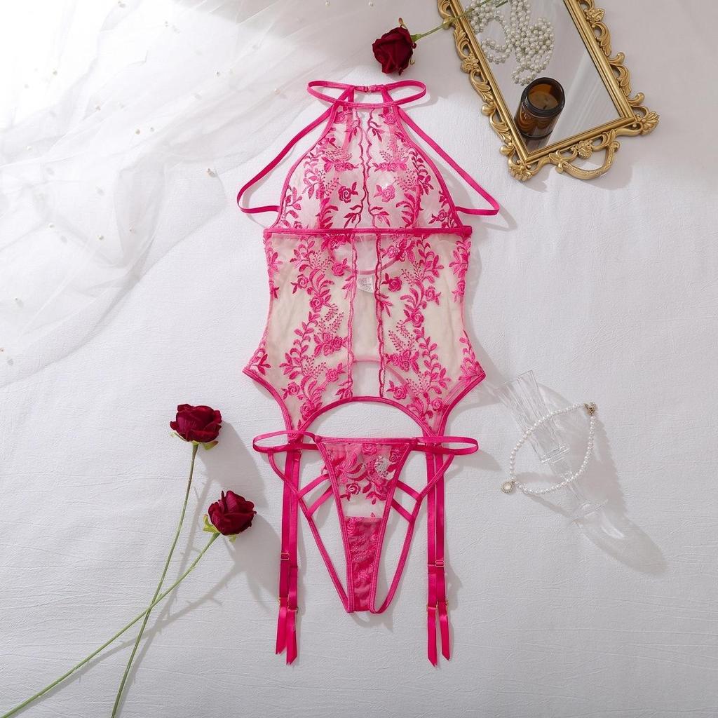 Women's Sexy Rose Embroidery Shapewear Set Ultra-Sheer Mesh Push-Up Lingerie Set