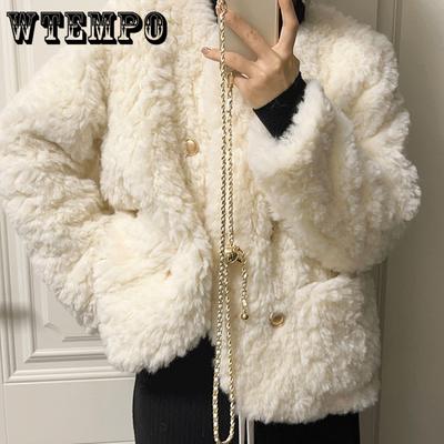 Manteau en laine d'agneau à col rond blanc épais et court pour femme, vêtement d'extérieur d'hiver moelleux, veste plus épaisse