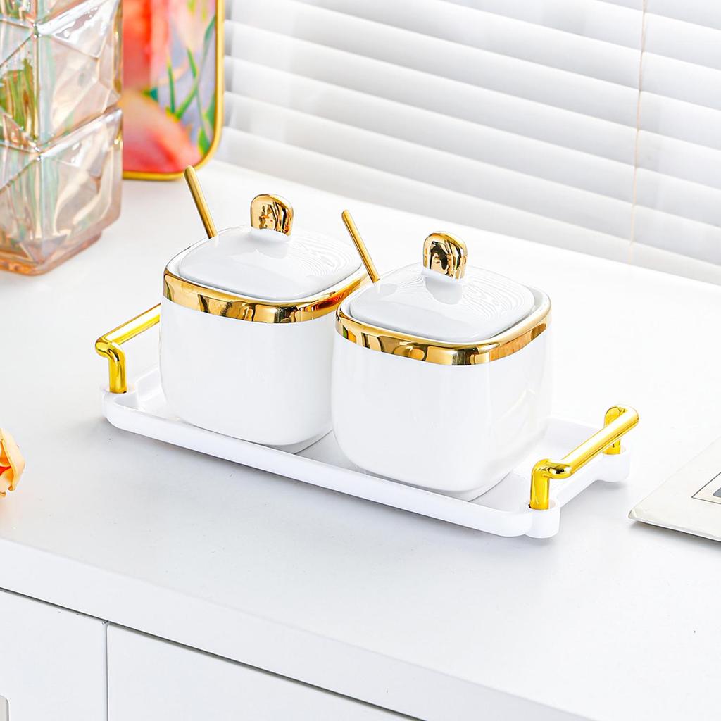 High-End Ceramic Seasoning Jar Set with Spoon - Moisture-Proof and Stylish Salt & Spice Containers for Kitchen