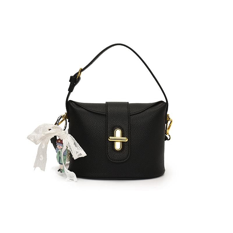 New Popular High-end Lychee Pattern Solid Color Portable Bucket Bag Fashionable Versatile Niche Commuter Style Messenger Women's Bag