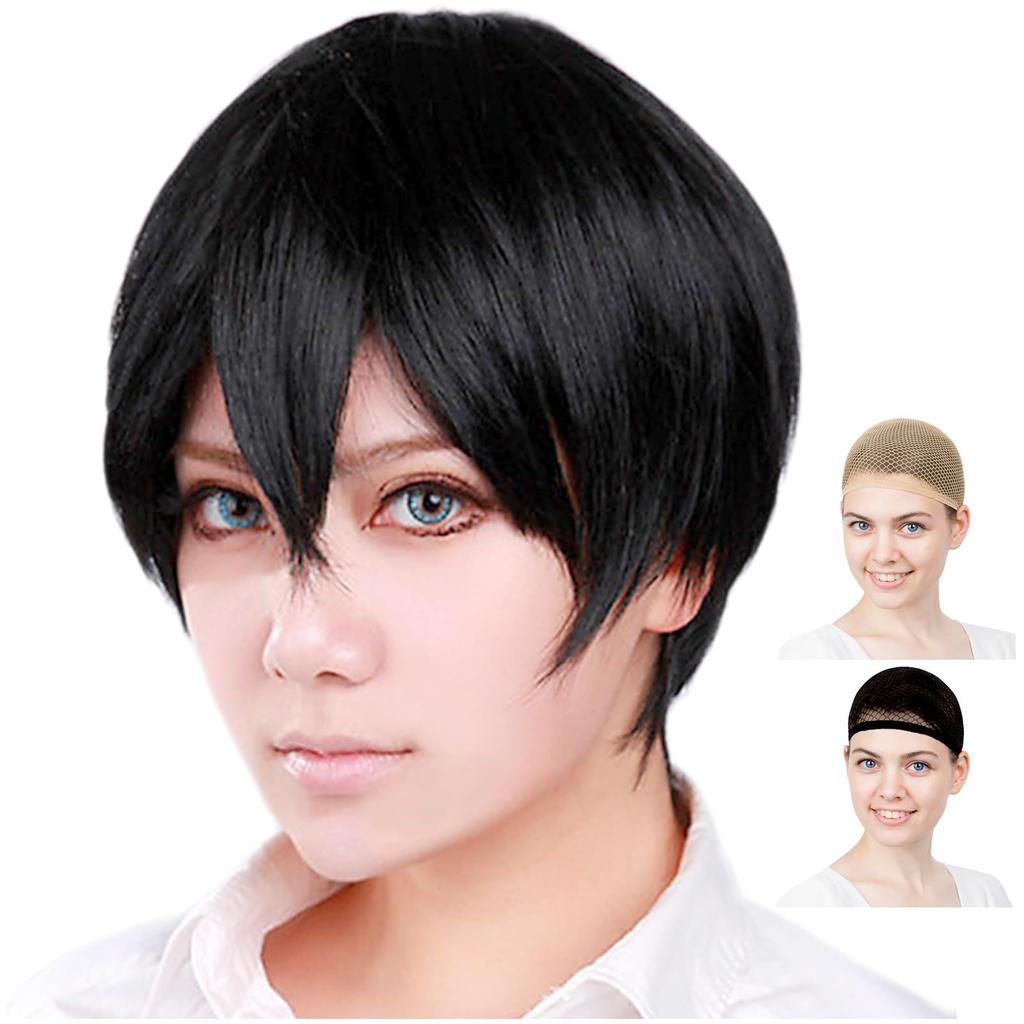 CaseEden Cosplay Wig, Short, 30cm, for Male Characters, Heat-Resistant, Black Hair, Includes 2 Wig Nets