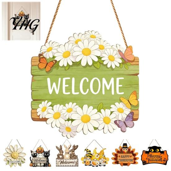 Spring Door Hanger Wooden Welcome Sign, Rustic Hanging 2D Daisy Butterfly Print, Farmhouse Entryway Decor Halloween Thanksgiving Easter Seasonal