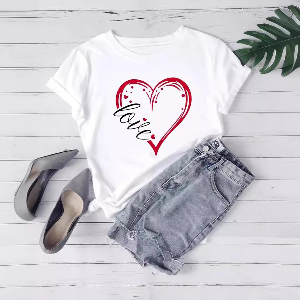 Letní top s kulatým výstřihem a potiskem Módní Ležérní Roztomilá dámská trička z čisté bavlny s krátkým rukávem