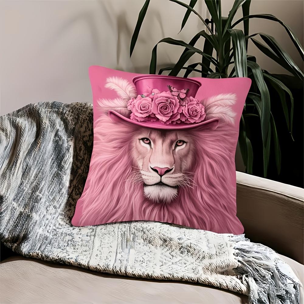 2D Flat- Pink Luxury Lion Throw Pillow Cover With Floral Top Hat Decor For Bedroom Living Room