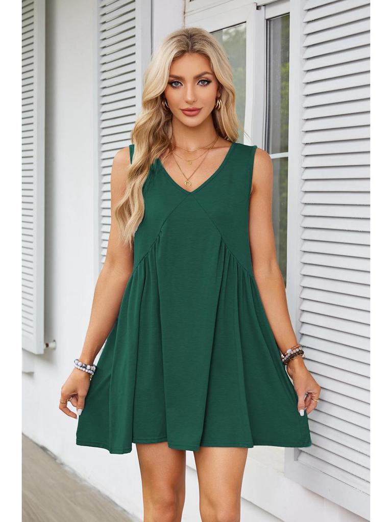 2025 European & American Women's V-Neck Sleeveless Pleated Pocket Dress - Spring/Summer Trend