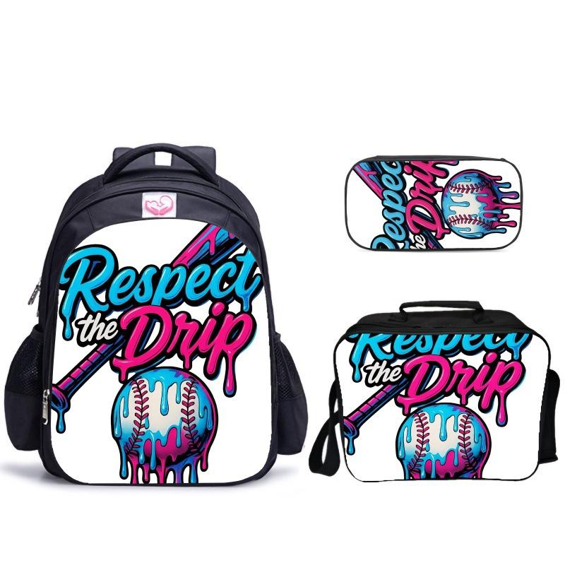 Creative Broken Wall Baseball Three-Piece Set 3D Visual Effect Design Printing School Bag Meal Bag Pencil Bag Combination Set