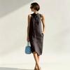 Sleeveless Loose Fit Summer Dress Midi Length Button Front Stand Collar Casual Lightweight Dress for Women