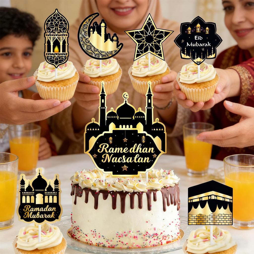 Eid Mubarak Holiday Banner Moon Star Party Garlands Black Gold Backdrop Ramadan Blessing Decoration With Cake Topper