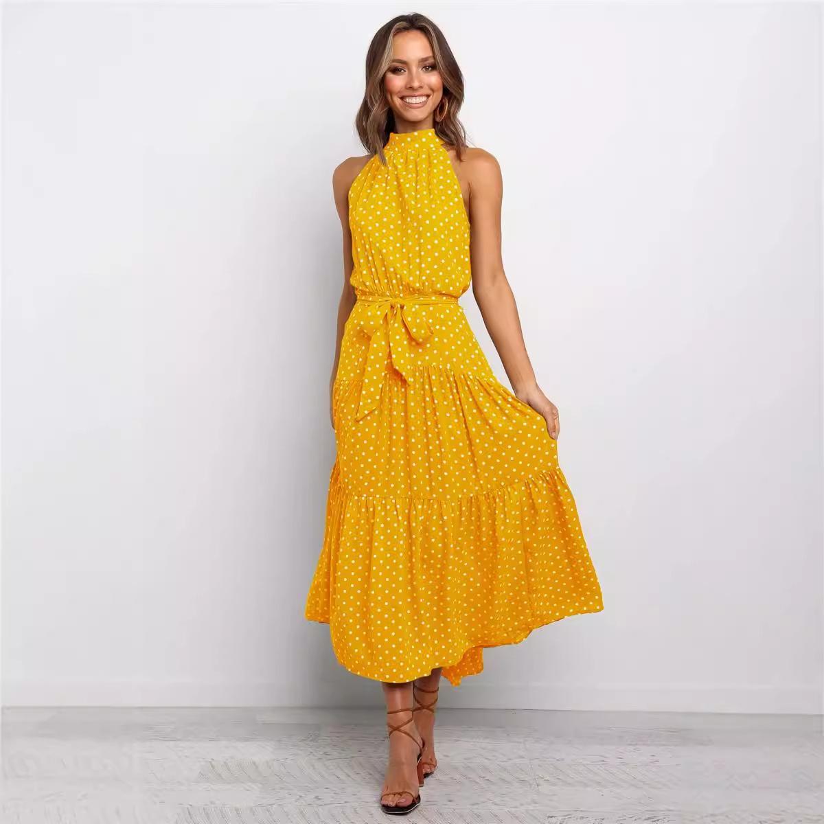 

GMXIA Летнее платье 13 цветов с принтом в горошек и бретельками через шею, длинное платье без рукавов XXXL жёлтый